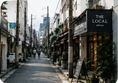 個性ある店舗が並ぶ街区