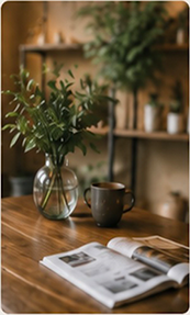 植物と雑誌が置かれた木のテーブル